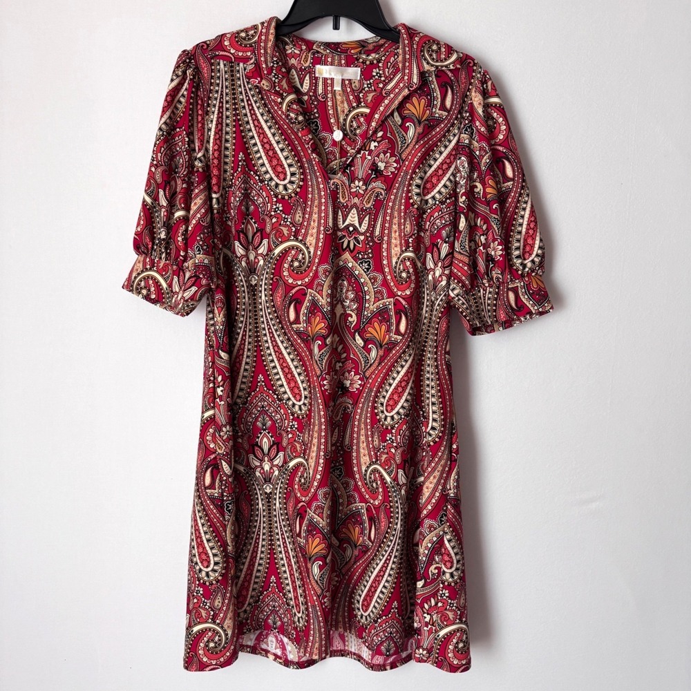 Jude Connally Paisley Shift Dress Women Medium Red Puff Sleeve Boho